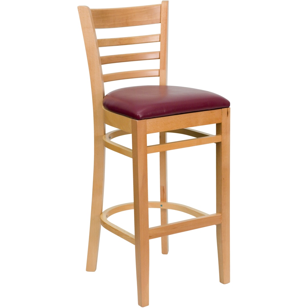 HERCULES Series Ladder Back Natural Wood Restaurant Barstool - Burgundy Vinyl Seat