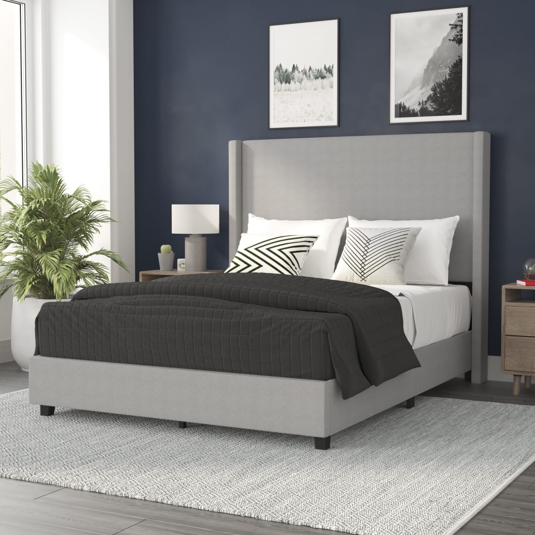 Quinn Queen Upholstered Platform Bed with Channel Stitched Wingback Headboard, Mattress Foundation with Slatted Supports, No Box Spring Needed, Gray