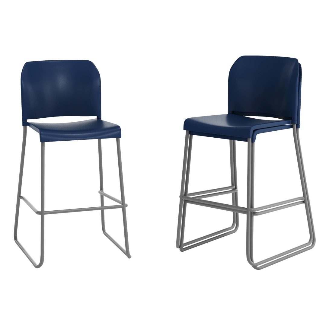 HERCULES Kenai Set of 3 Navy Office Reception Stacking Bar Stools with Contoured Backrests and Gray Sled Bases