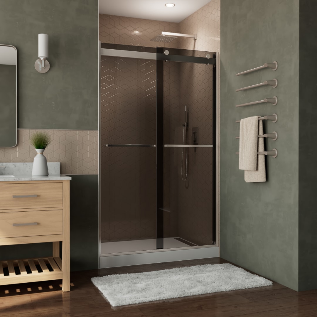 DreamLine Essence-H 44 - 48 inch W x 76 inch H Semi-Frameless Bypass Shower Door in Brushed Nickel and Smoke Gray Glass