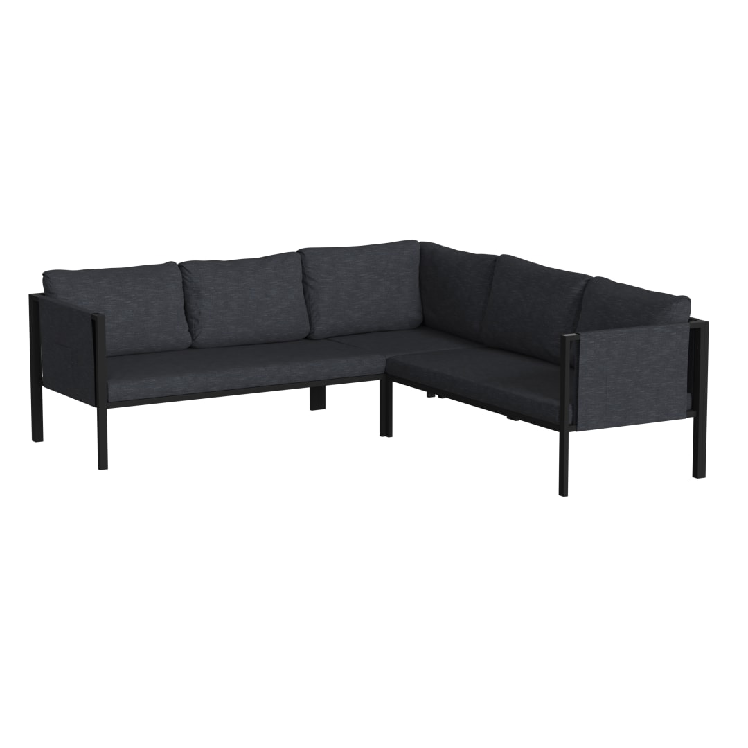 Lea Indoor/Outdoor Sectional with Cushions - Modern Steel Framed Chair with Dual Storage Pockets, Black with Charcoal Cushions