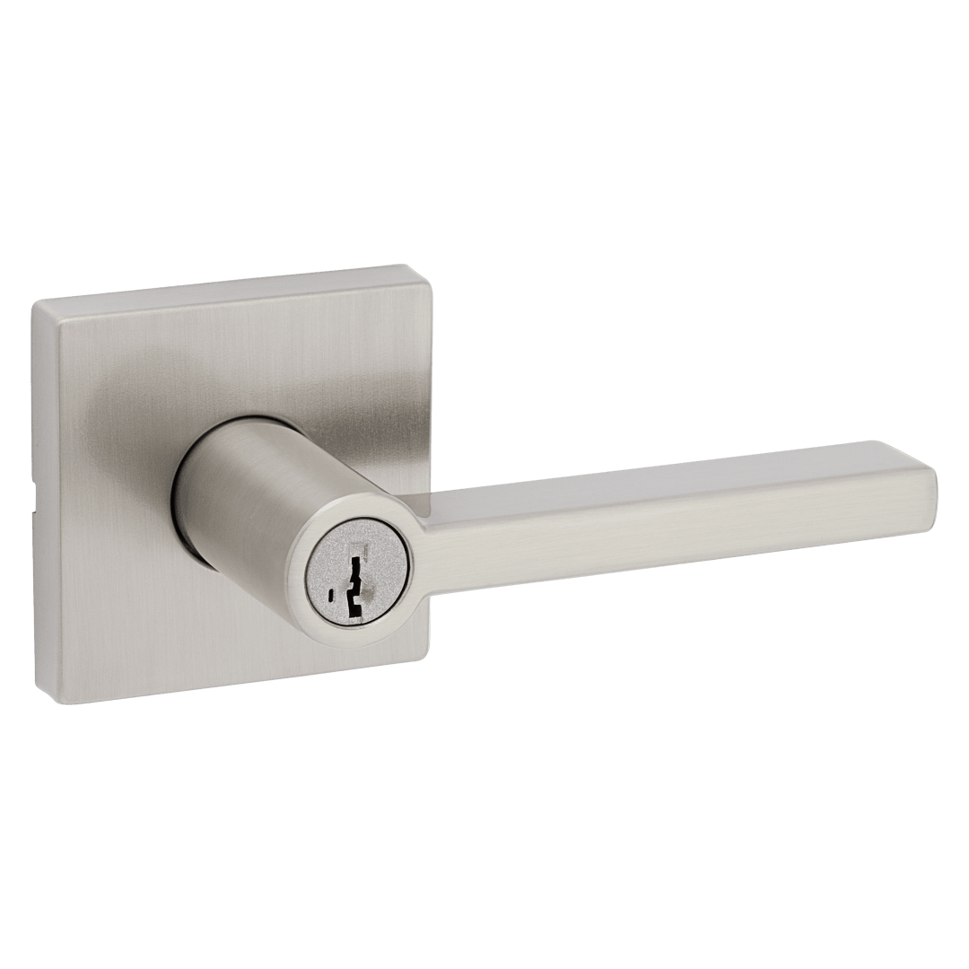 Halifax Square Keyed Entry Lever featuring SmartKey Security™ in Satin Nickel