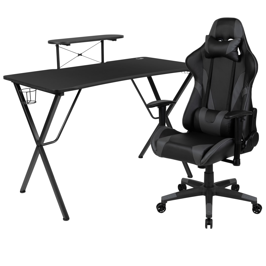 Optis Black Gaming Desk and Gray Reclining Gaming Chair Set with Cup Holder, Headphone Hook, and Monitor/Smartphone Stand