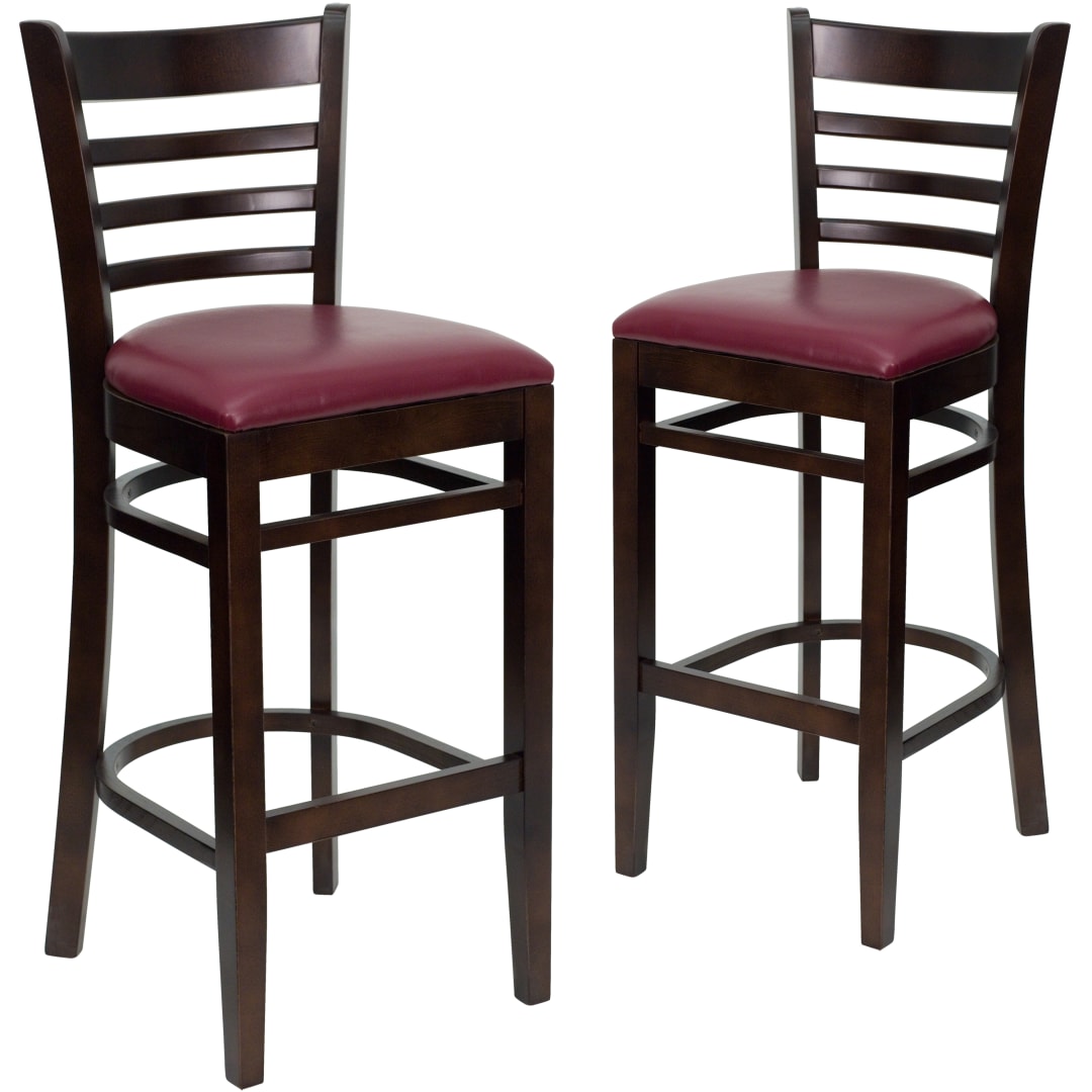 2 Pk. HERCULES Series Ladder Back Walnut Wood Restaurant Barstool - Burgundy Vinyl Seat