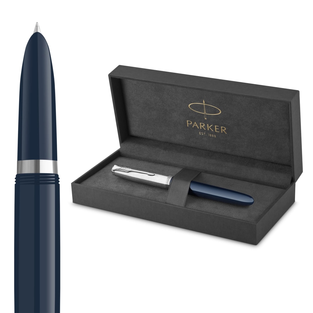 Parker 51 Fountain Pen | Midnight Blue Barrel with Chrome Trim | Fine Nib with Black Ink Cartridge | Gift Box