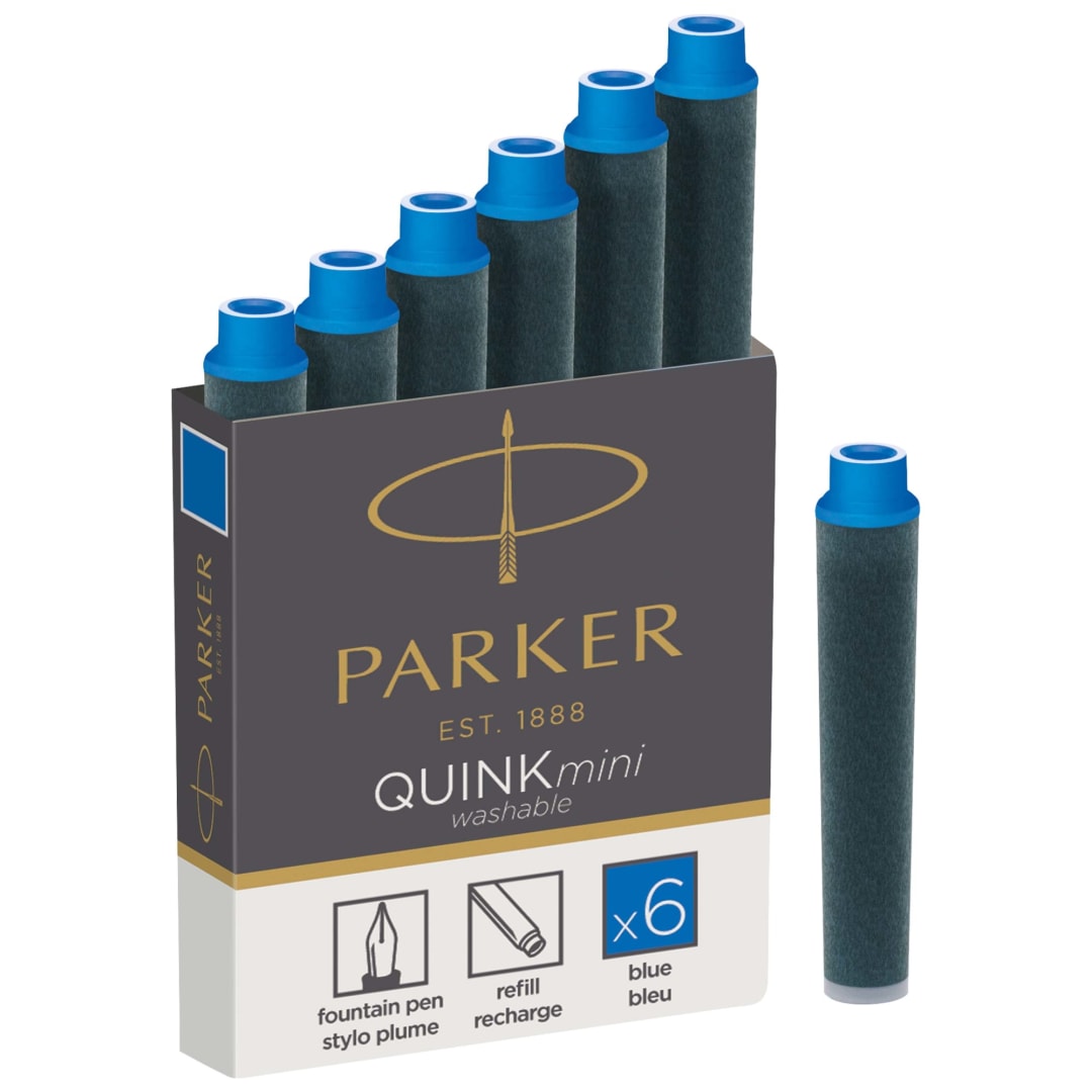 Parker Mini Fountain Pen Ink Refill Cartridges | Blue QUINK Ink | 6 Count