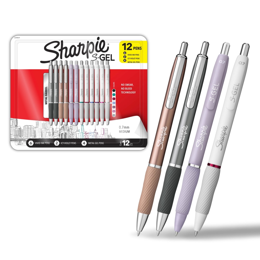 Sharpie S-Gel Gel Pens, Featuring Metal Barrel Pens, Assorted Inks, Medium Point, 12 Count