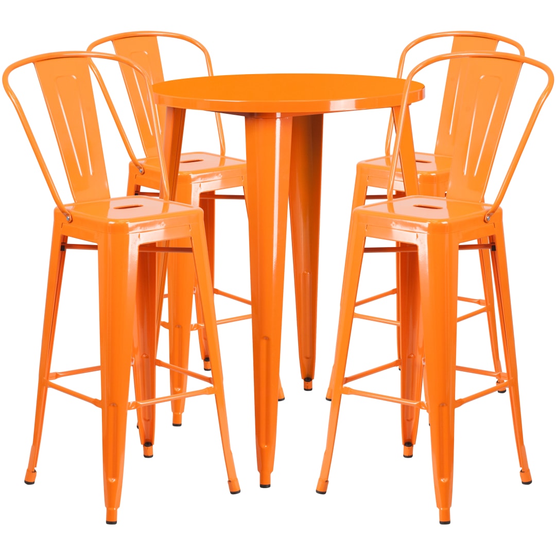Callum Commercial Grade 30" Round Orange Metal Indoor-Outdoor Bar Table Set with 4 Cafe Stools
