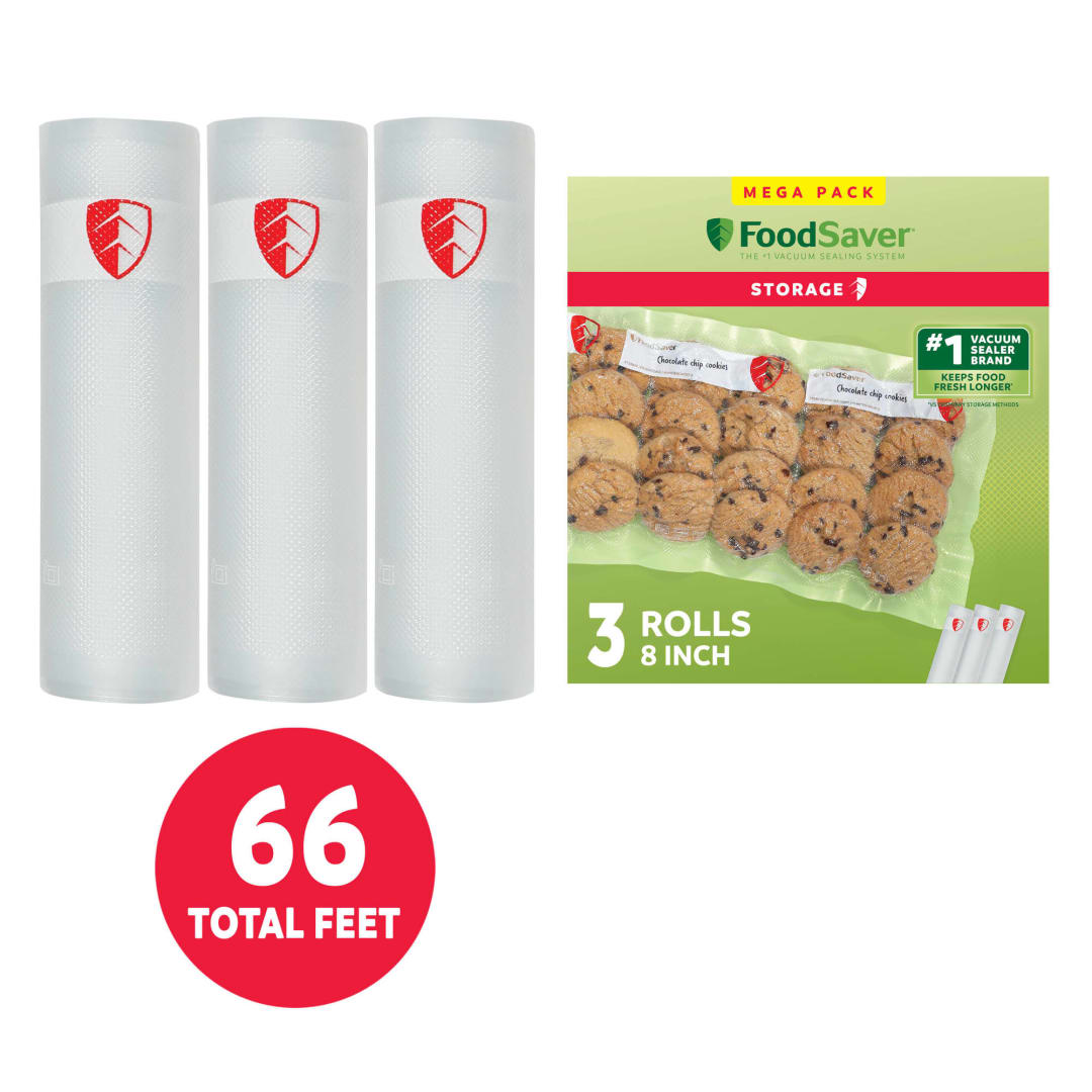 FoodSaver Vacuum Sealer Rolls, 3 Pack 8" x 22' Rolls, BPA-Free Custom Size Storage Bags for Food Storage, Sous Vide, and Meal Prep