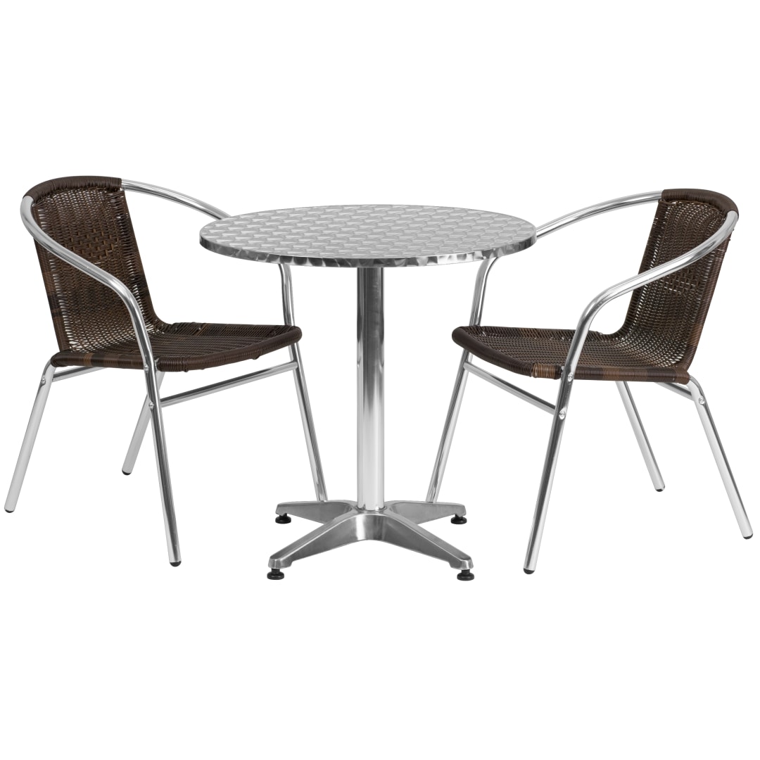 Lila 27.5'' Round Aluminum Indoor-Outdoor Table Set with 2 Dark Brown Rattan Chairs