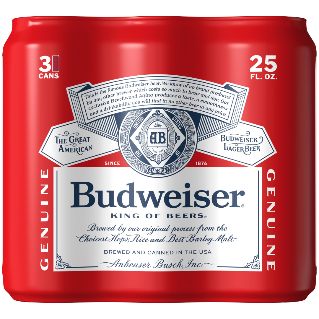 Budweiser American Lager Beer 3 Pack, 25 fl oz Cans