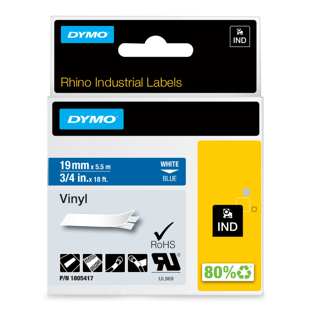 DYMO® Rhino Industrial Vinyl Labels, 3/4", White Print on Blue, Self-Adhesive, for LabelManager & Rhino Label Makers