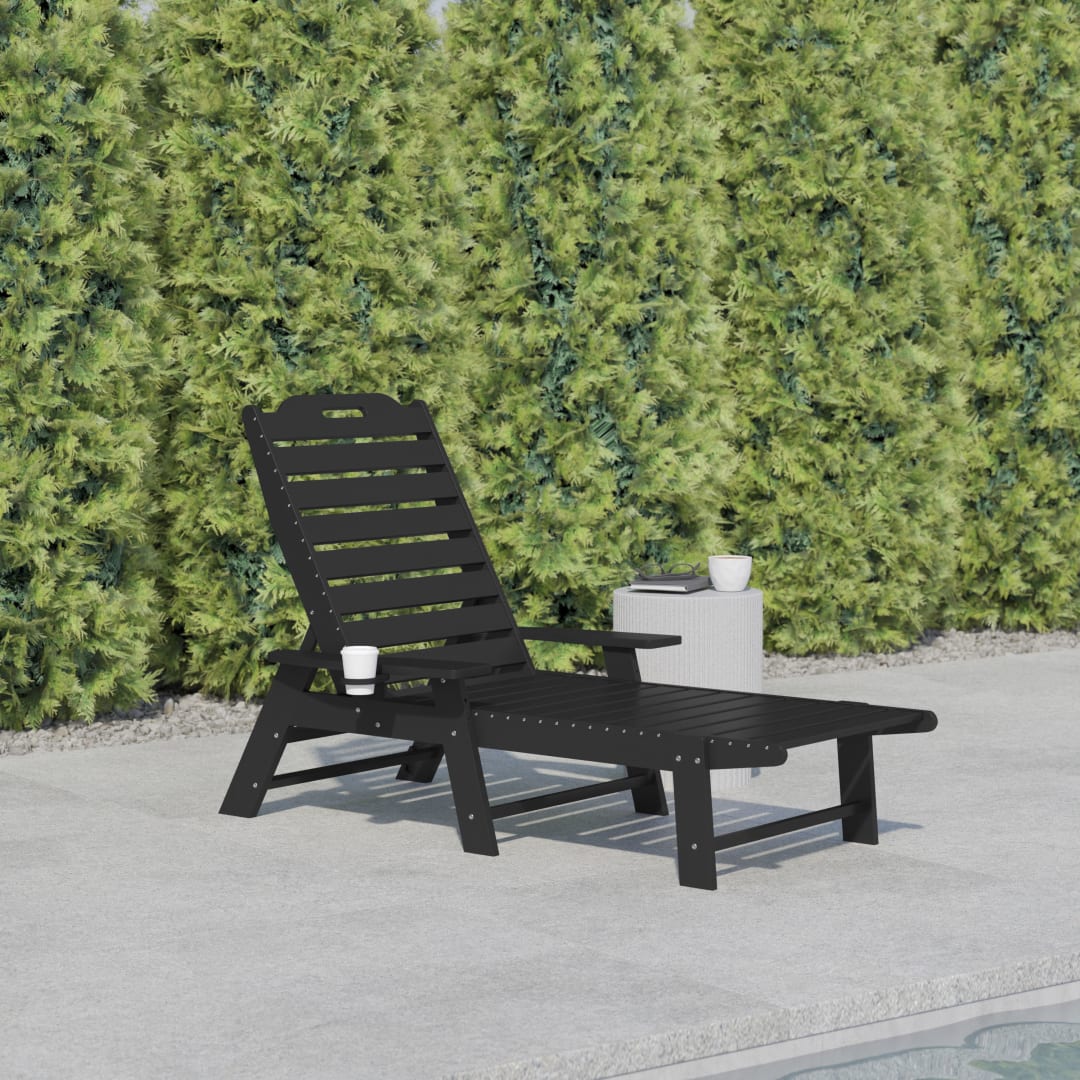 Monterey Adjustable Adirondack Lounger with Cup Holder- All-Weather Indoor/Outdoor HDPE Lounge Chair in Black