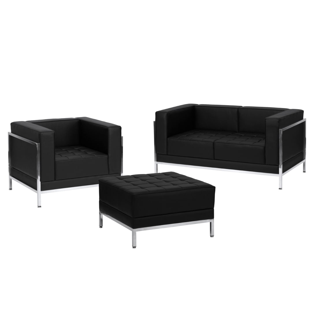 HERCULES Imagination Series Black LeatherSoft Loveseat, Chair &amp; Ottoman Set with Ganging Clips