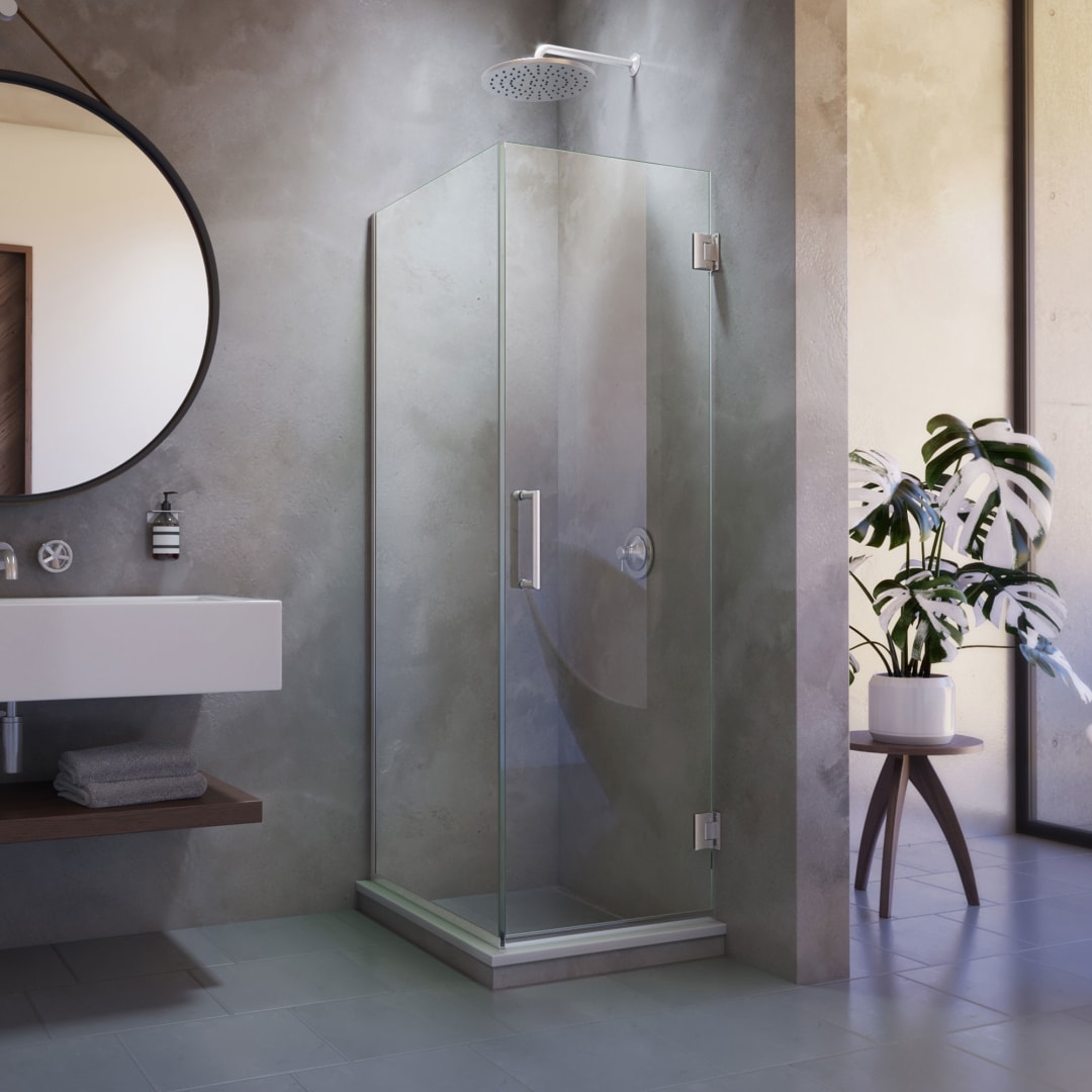 DreamLine Unidoor Plus 30 3/8 inch W x 30 inch D x 72 inch H Frameless Hinged Shower Enclosure in Brushed Nickel