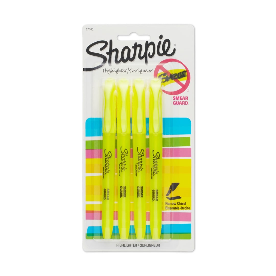 Sharpie® Pocket Style Highlighters, Narrow Chisel Tip, Fluorescent Yellow, 4 Count