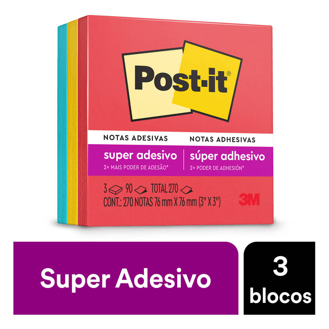 Bloco de Notas Super Adesivas Post-it®, Coleção Diversão Colorida, 76 mm x 76 mm, 3 Blocos