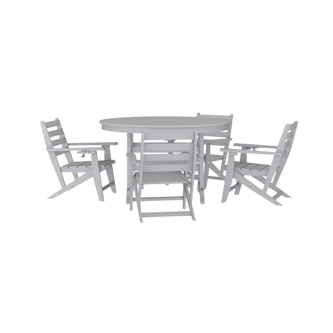 Tolleson Commercial 5 Piece Adirondack Dining Set with 48" Round Indoor/Outdoor Recycled HDPE Table and 4 Chairs with Cupholders in Gray