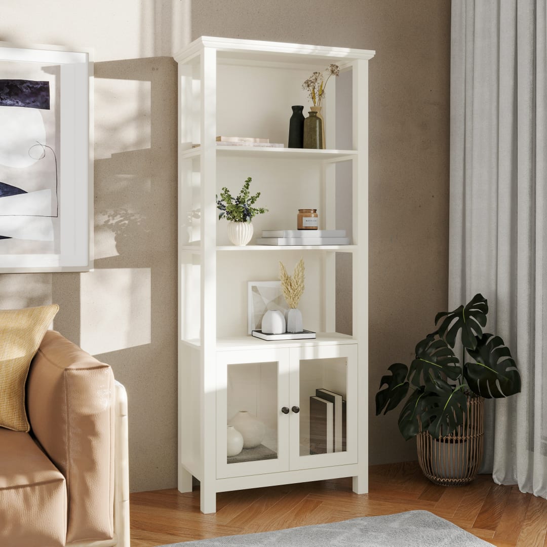 Stella Modern Farmhouse Wooden Bookcase and Storage Cabinet with Tempered Glass Doors and 3 Upper Shelves in White