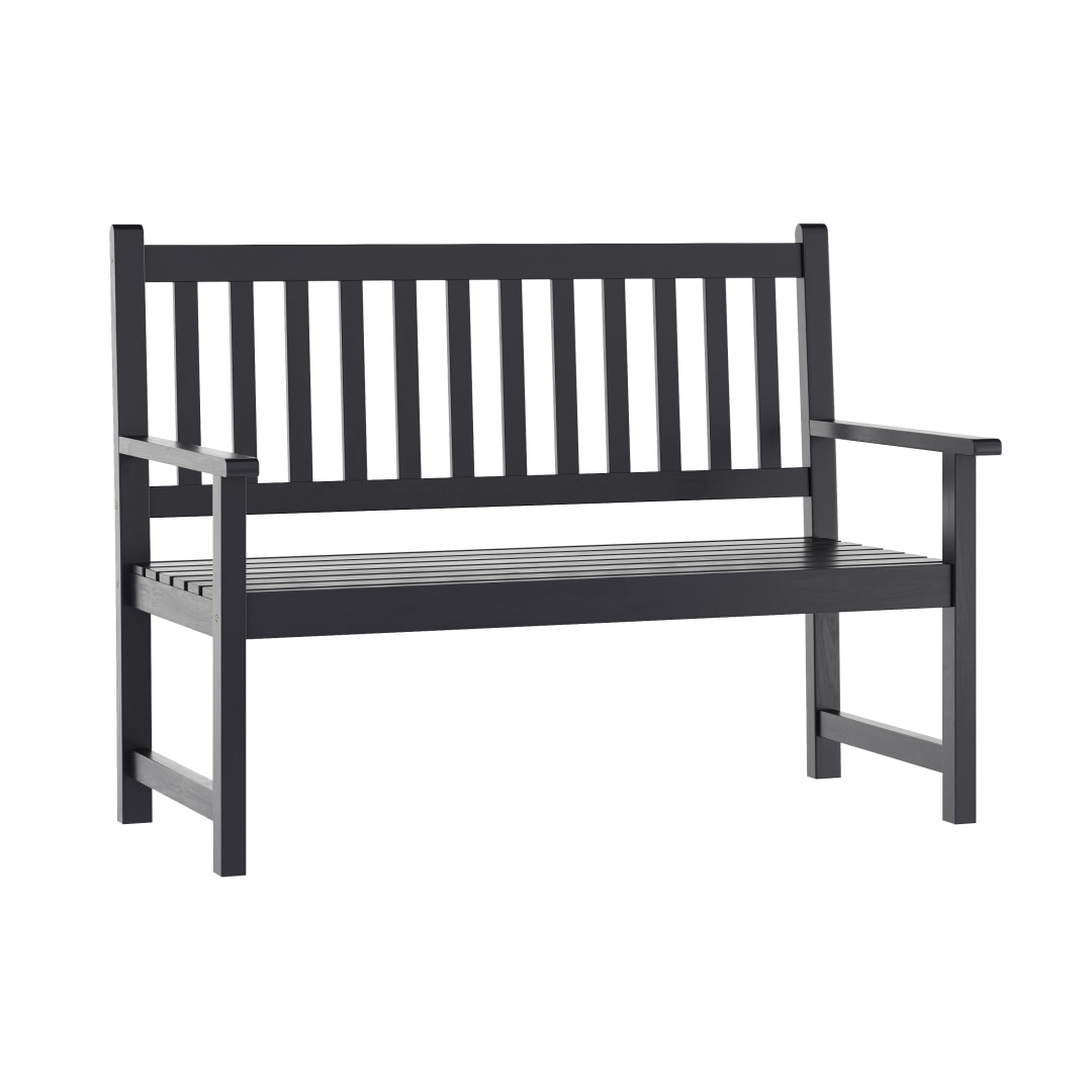 Adele Commercial Grade Indoor/Outdoor Patio Acacia Wood Bench, 2-Person Slatted Seat Loveseat for Park, Garden, Yard, Porch, Black