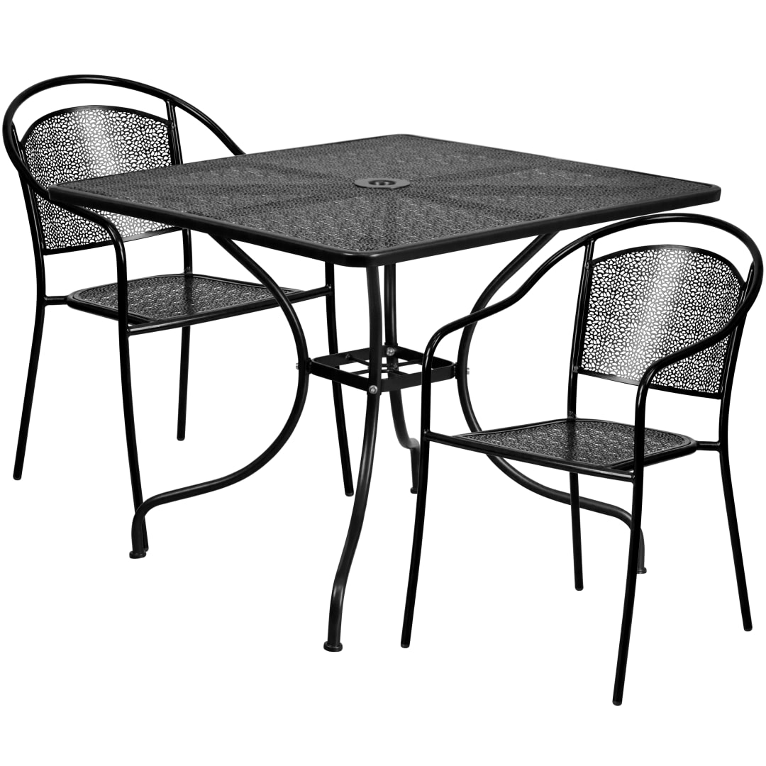 Oia Commercial Grade 35.5" Square Black Indoor-Outdoor Steel Patio Table Set with 2 Round Back Chairs