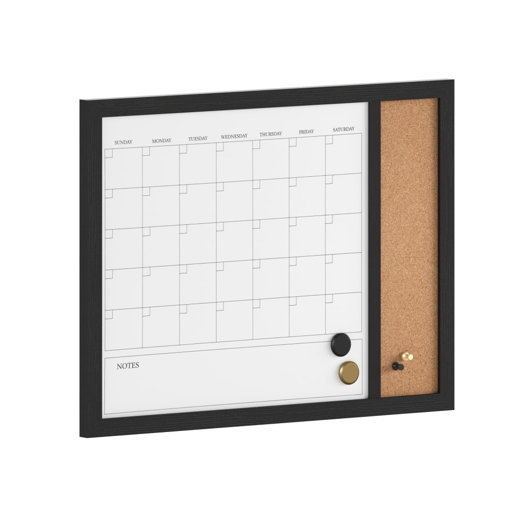 Everette 24"x18" Magnetic Dry Erase Monthly Calendar and Cork Board Combo with Included Marker, Magnets, and Push Pins, Black Woodgrain Frame