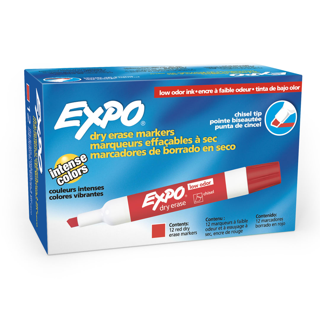 EXPO® Low Odor Dry Erase Markers, Chisel Tip, Red, 12 Count
