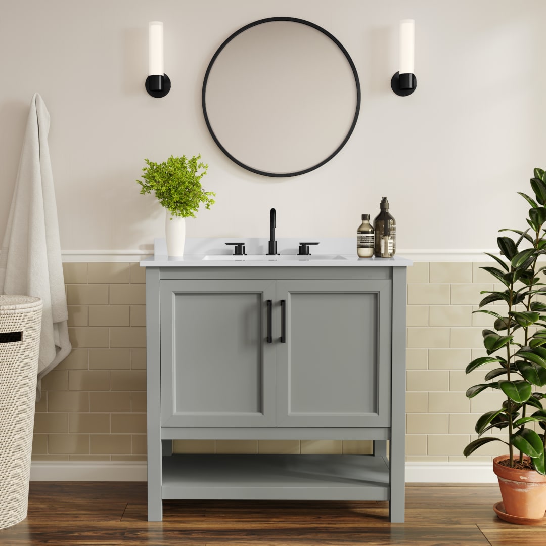 Vega 36" Bathroom Vanity with Sink, Storage Cabinet with Black Hardware, Soft Close Doors &amp; Open Shelf, Carrara Marble Finish Countertop, Gray/White