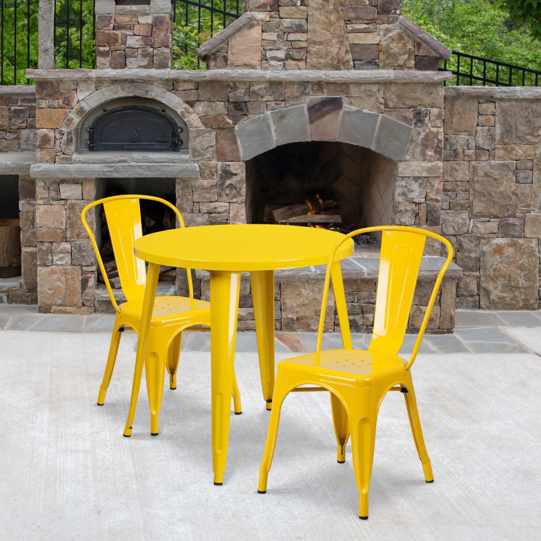 Baker Commercial Grade 30" Round Yellow Metal Indoor-Outdoor Table Set with 2 Cafe Chairs