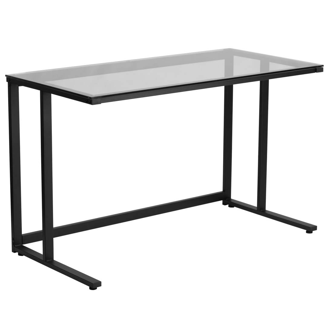 Singleton Glass Desk with Black Pedestal Metal Frame