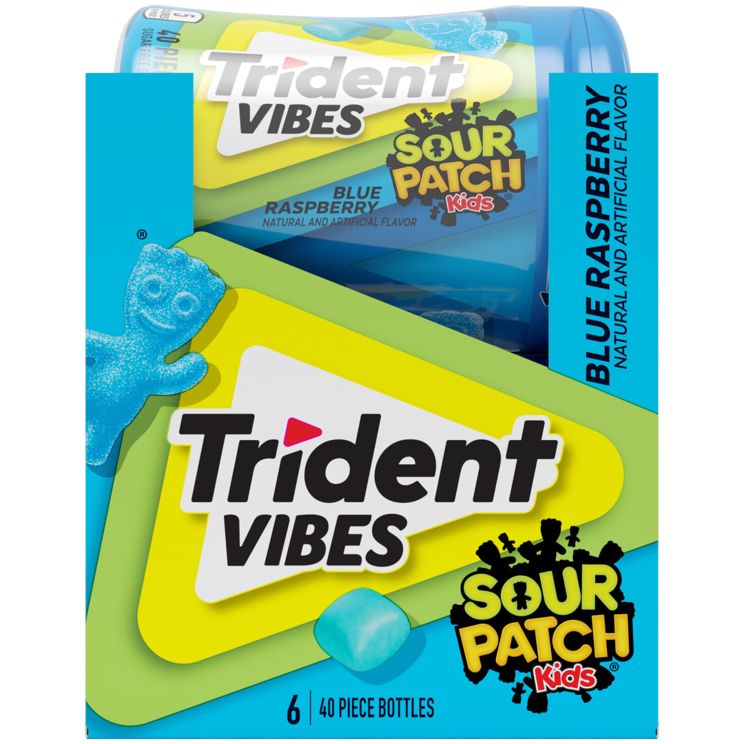 Trident Vibes SOUR PATCH KIDS Sugar Free Chewing Gum Blue Raspberry 40 pc Bottles - 6 Pack