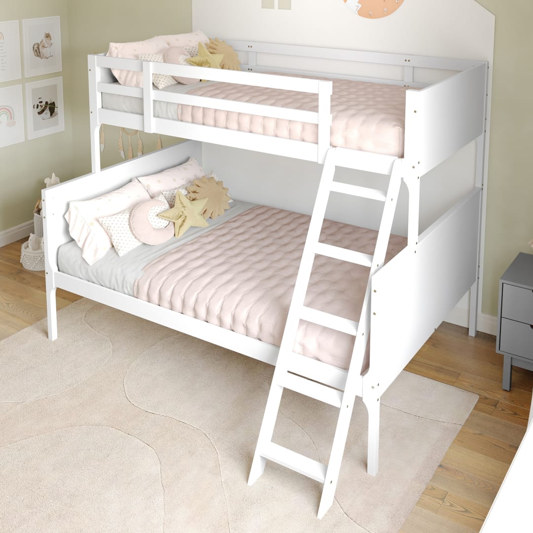 Dallas Bunk Bed Twin Over Full, Convertible Slatted Solid Wood Bunk Bed Frame with Ladder for Kids, No Box Spring Needed in White