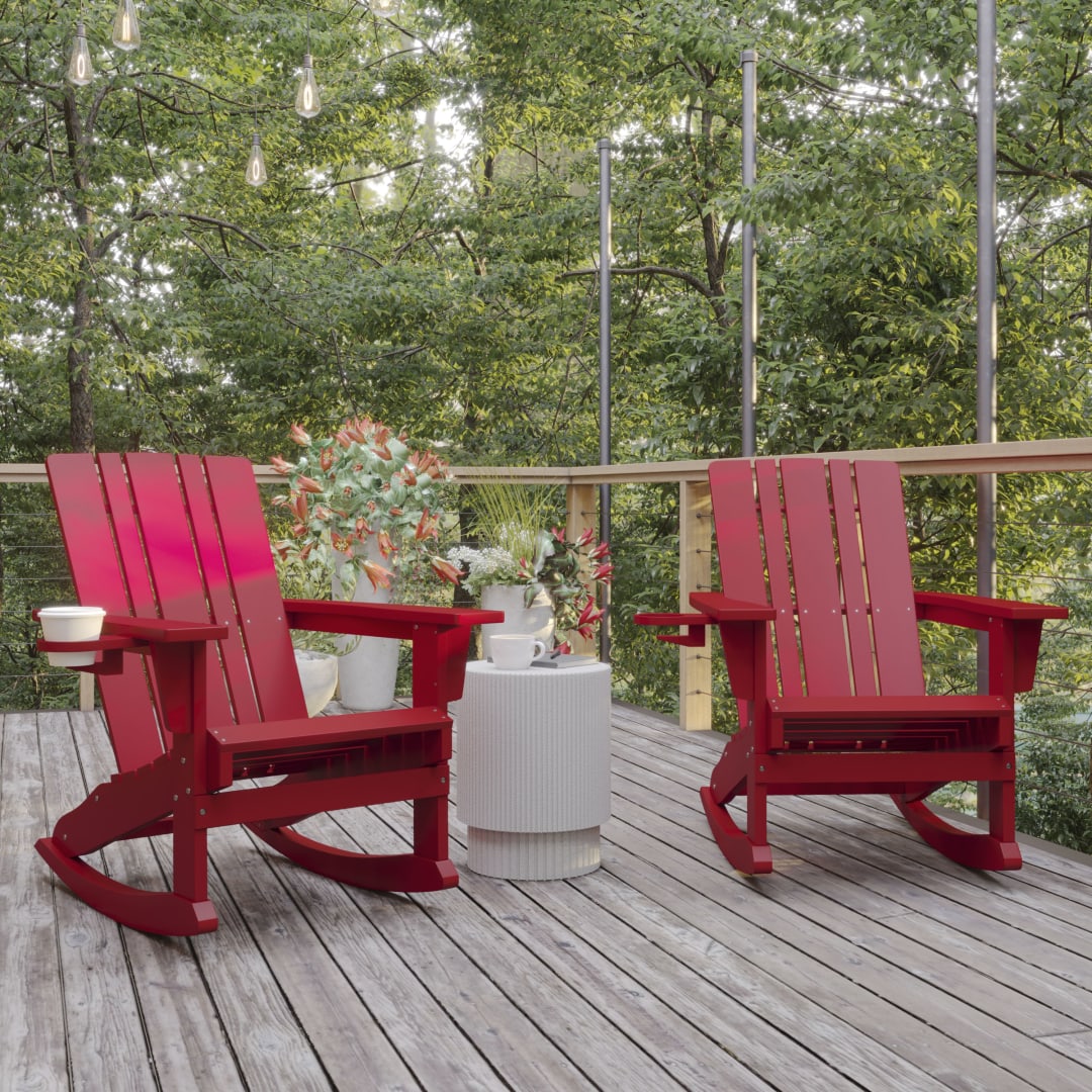 Halifax Adirondack Rocking Chair with Cup Holder, Weather Resistant HDPE Adirondack Rocking Chair in Red, Set of 2