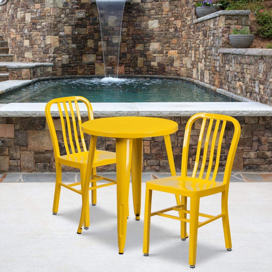 Napoleon Commercial Grade 24" Round Yellow Metal Indoor-Outdoor Table Set with 2 Vertical Slat Back Chairs