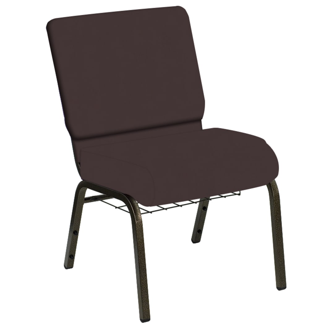 Embroidered HERCULES Series 21''W Church Chair in E-Z Dark Maple Vinyl with Book Rack - Gold Vein Frame
