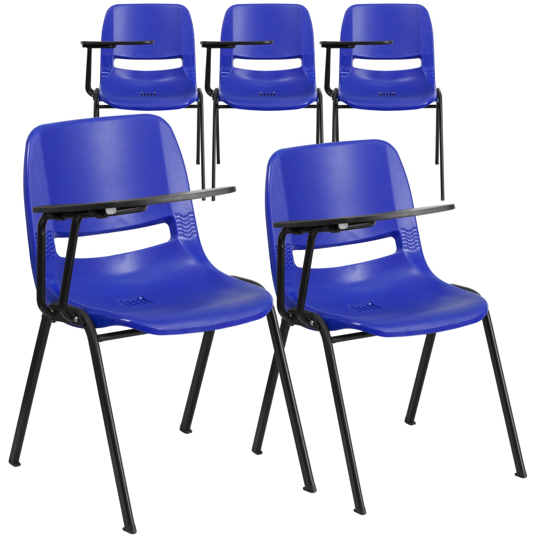 HERCULES 5 Pack Blue Ergonomic Shell Chair with Right Handed Flip-Up Tablet Arm
