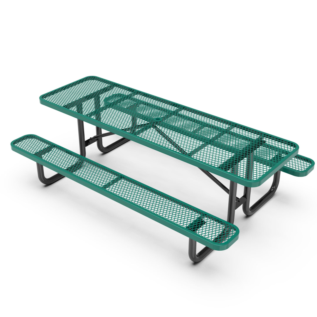 Mantilla 8' Rectangular Outdoor Picnic Table with Commercial Heavy Gauge Green Expanded Metal Mesh Top and Seats and Black Steel Frame