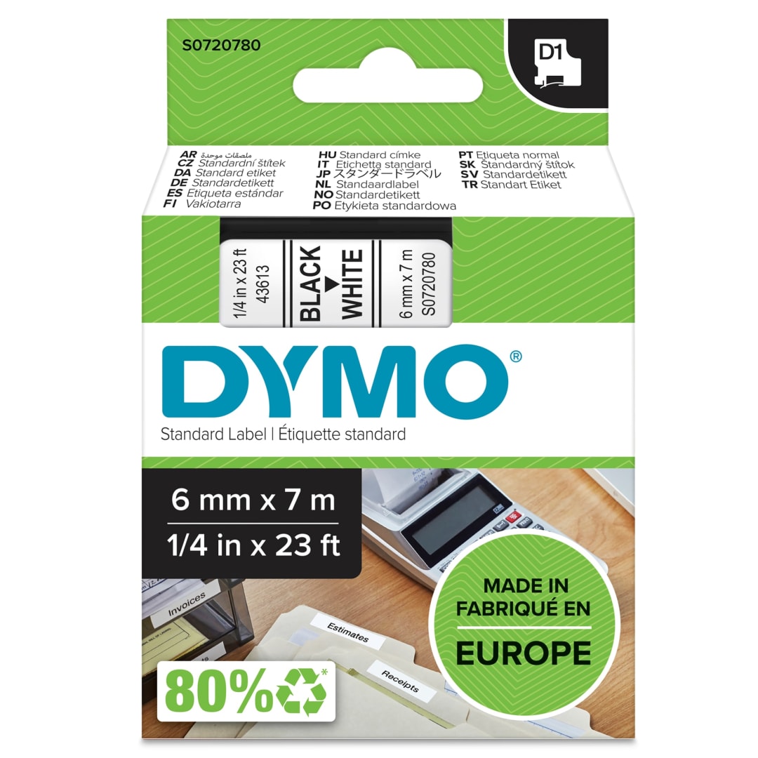 DYMO® Authentic D1 Labels | Black Print on White Tape | 6 mm x 7 m | Self-Adhesive Labels for LabelManager Label Makers | Made in Europe