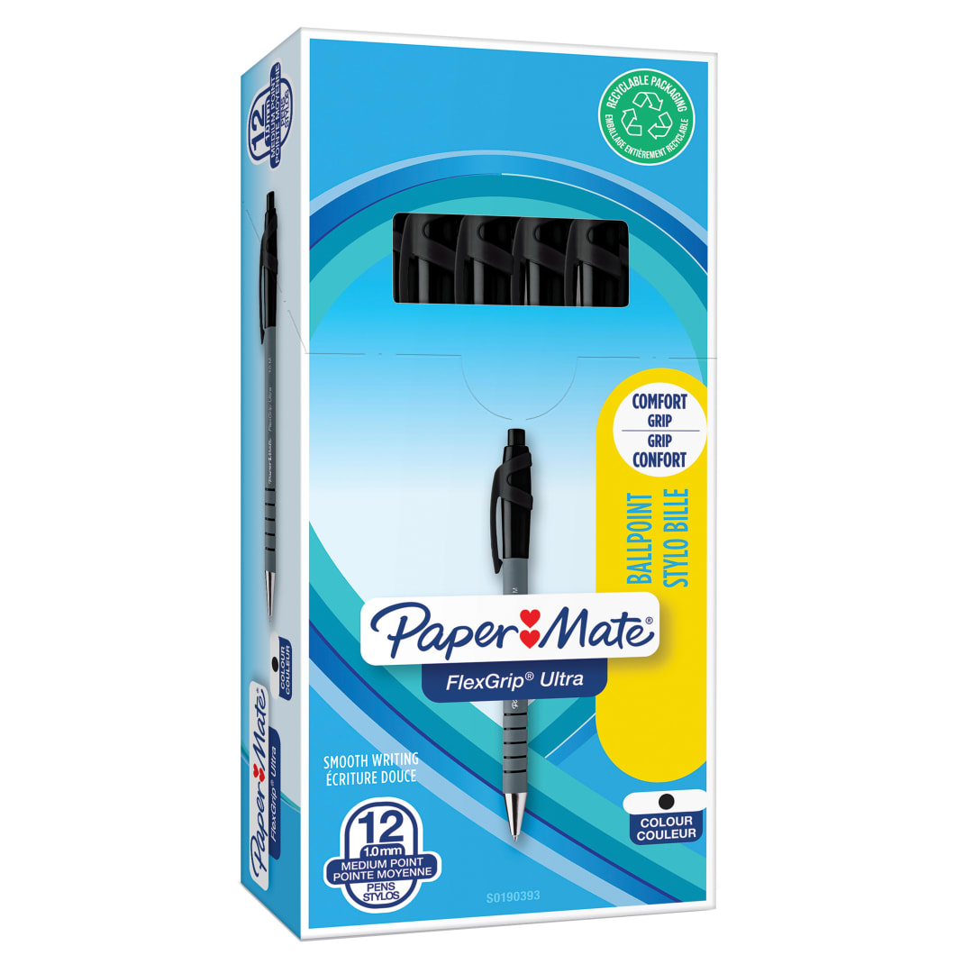 Paper Mate Flexgrip Ultra bolígrafo retráctil | punta mediana (1,0 mm) | negro | Material escolar | caja de 12