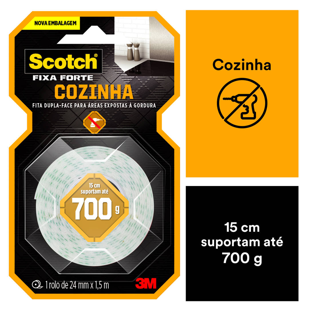 Fita Dupla Face Scotch® Fixa Forte Cozinha, 24 mm x 1,5 m