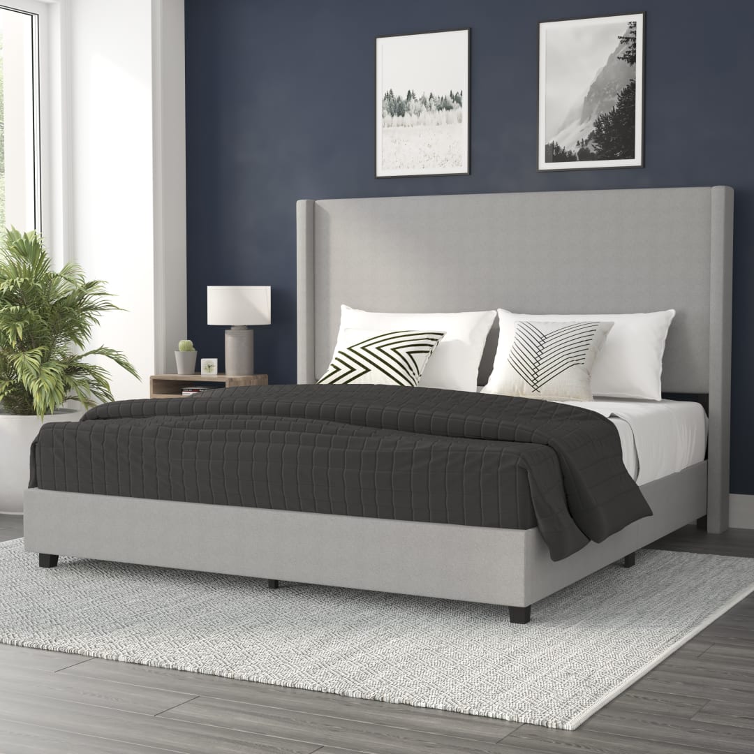 Quinn King Upholstered Platform Bed with Channel Stitched Wingback Headboard, Mattress Foundation with Slatted Supports, No Box Spring Needed, Gray