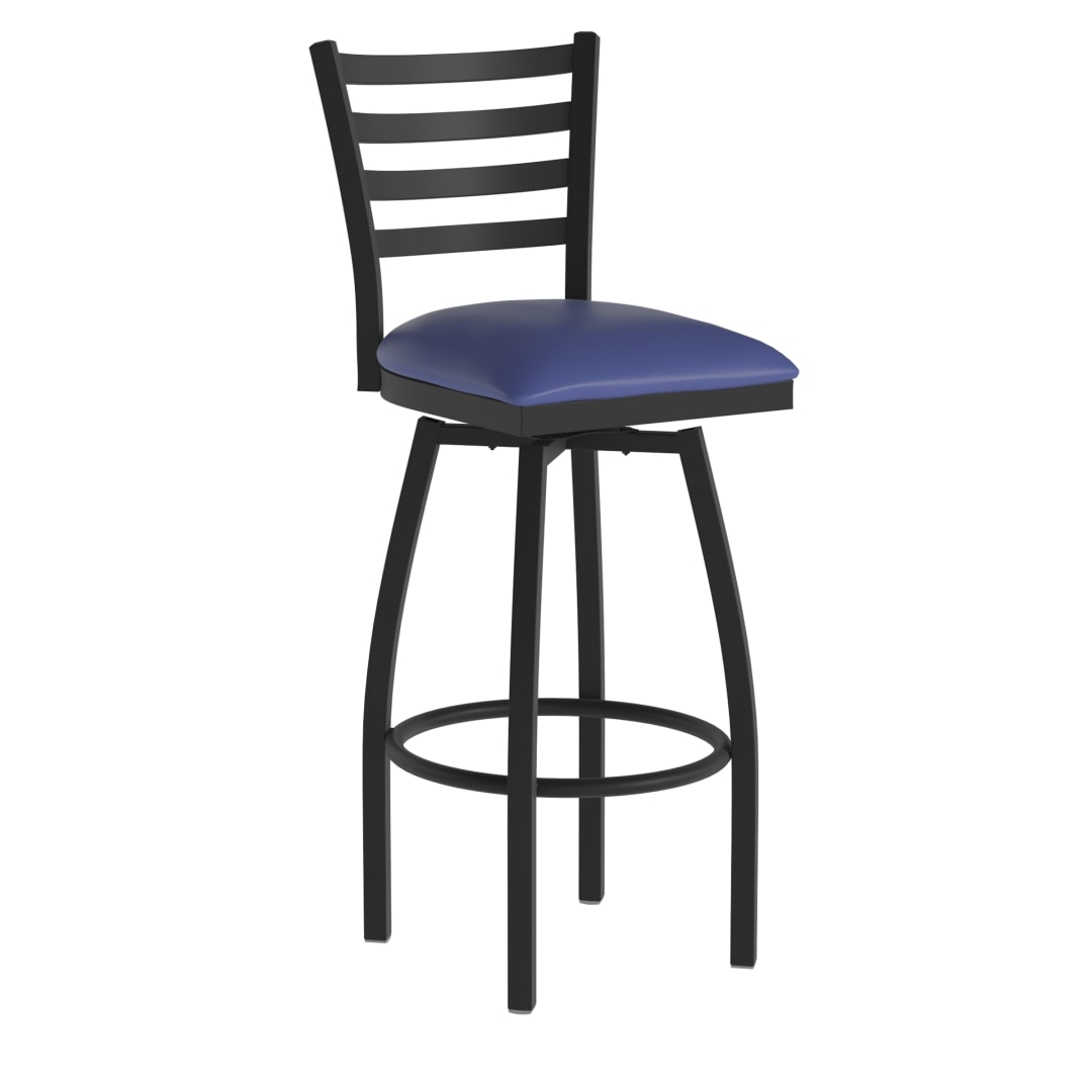 HERCULES Black Ladder Back Swivel Metal Barstool - Blue Vinyl Seat