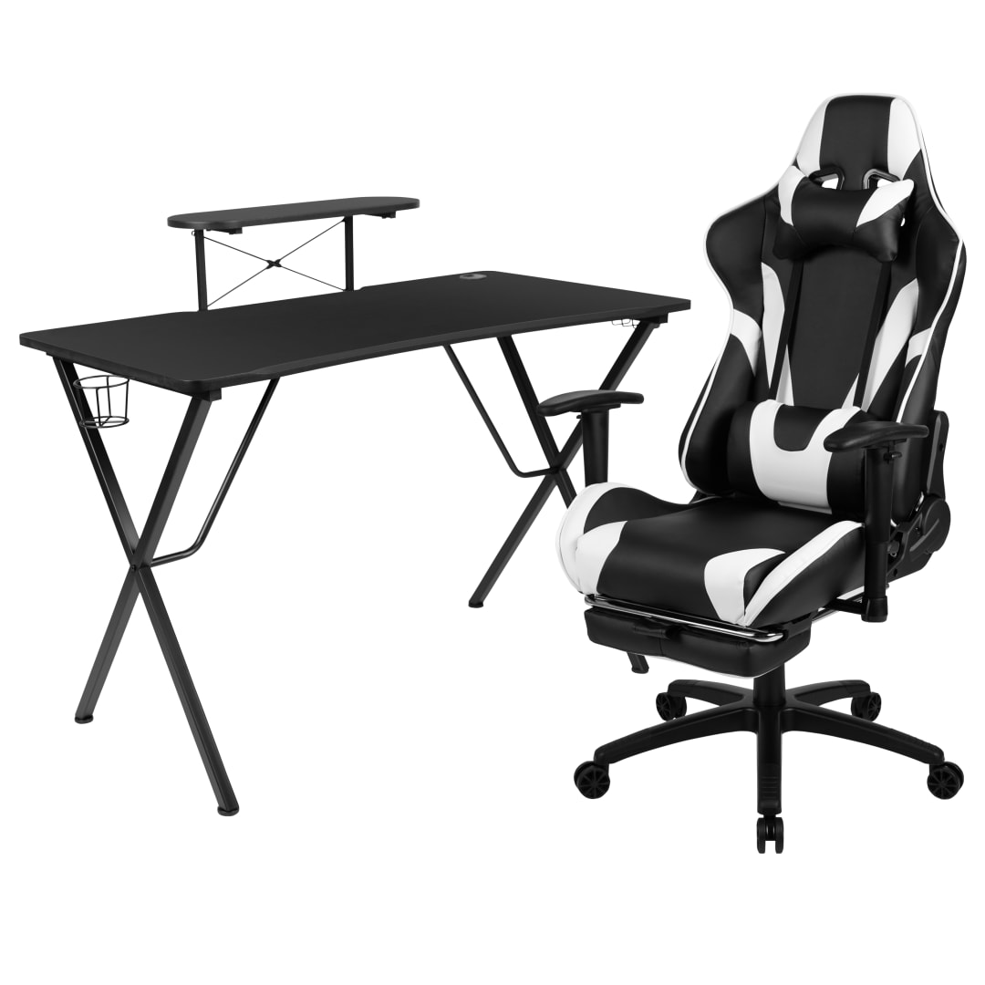 Optis Black Gaming Desk and Black Footrest Reclining Gaming Chair Set with Cup Holder, Headphone Hook, and Monitor/Smartphone Stand