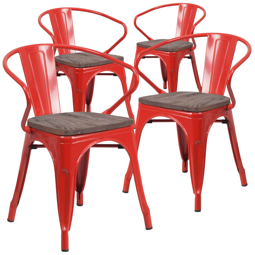 Roy 4 Pk. Red Metal Chair with Wood Seat and Arms