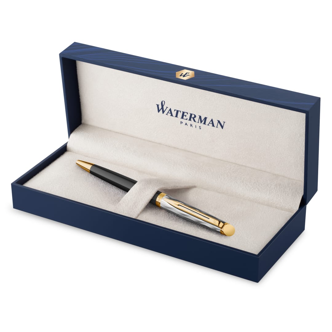 Waterman Hémisphère Bolígrafo | Metal y laca negra con detalles dorados y capuchón grabado | Punta media | Tinta azul | Caja de regalo