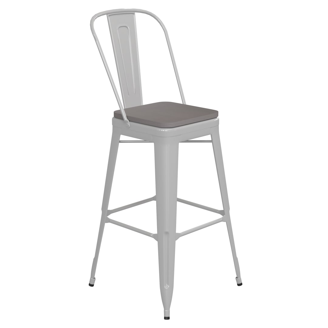 Kai Commercial Grade 30" High White Metal Indoor-Outdoor Bar Height Stool with Removable Back and Gray All-Weather Poly Resin Seat