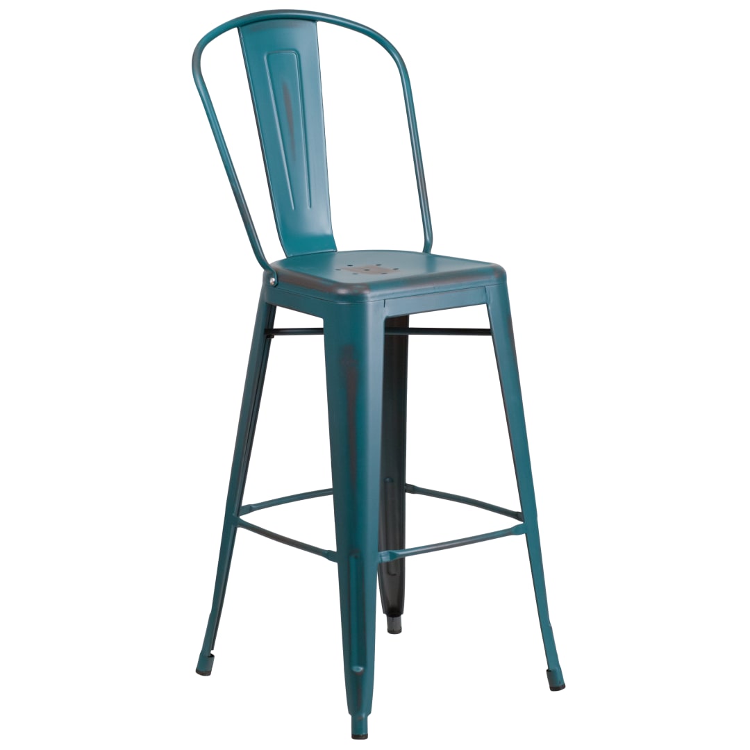 Cindy Commercial Grade 30" High Distressed Kelly Blue-Teal Metal Indoor-Outdoor Barstool with Back