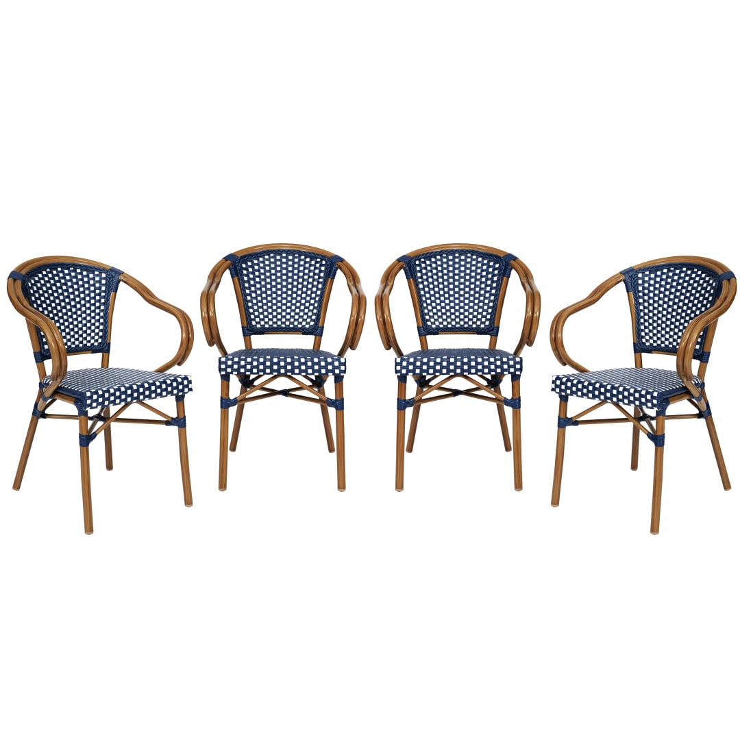 4 Pack Bordeaux Indoor/Outdoor Commercial Bistro Stacking Chair with Arms, Navy and White PE Rattan and Bamboo Print Aluminum Frame in Natural