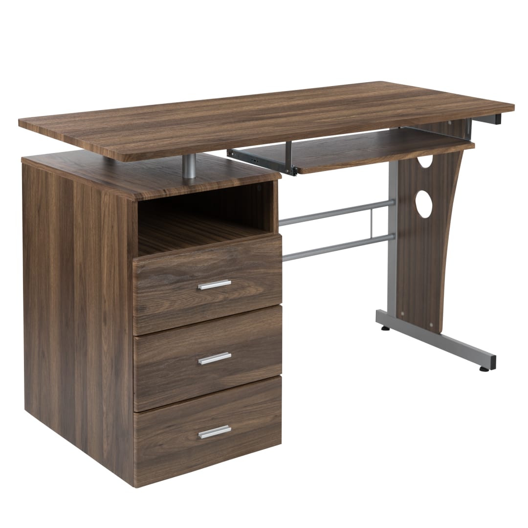 Joshua Rustic Walnut Desk with Three Drawer Pedestal and Pull-Out Keyboard Tray