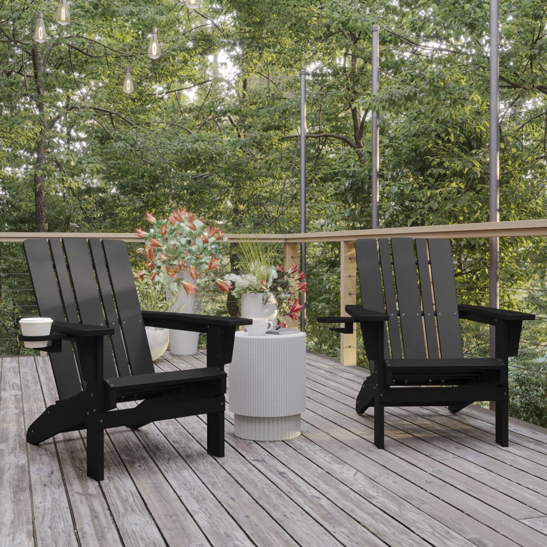 Halifax Adirondack Chair with Cup Holder, Weather Resistant HDPE Adirondack Chair in Black, Set of 2